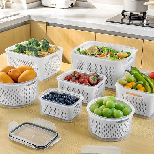 Stackable Fridge Organizer Set with Colander - Fresh Vegetable & Fruit Storage Bins, BPA-Free Kitchen Pantry Containers