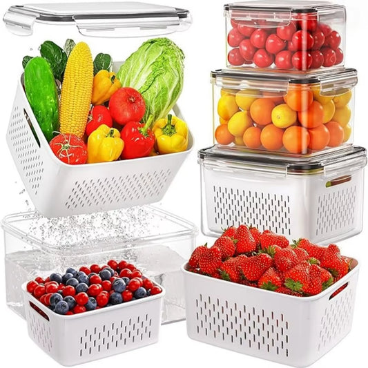 Stackable Fridge Organizer Set with Colander - Fresh Vegetable & Fruit Storage Bins, BPA-Free Kitchen Pantry Containers
