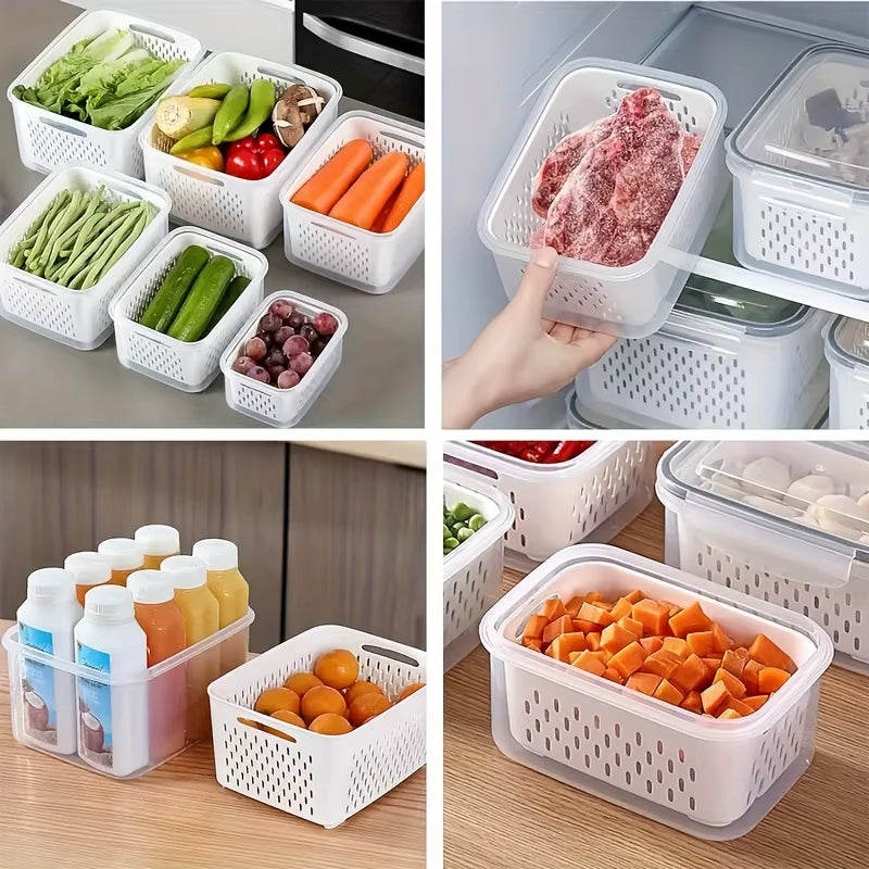 Stackable Fridge Organizer Set with Colander - Fresh Vegetable & Fruit Storage Bins, BPA-Free Kitchen Pantry Containers